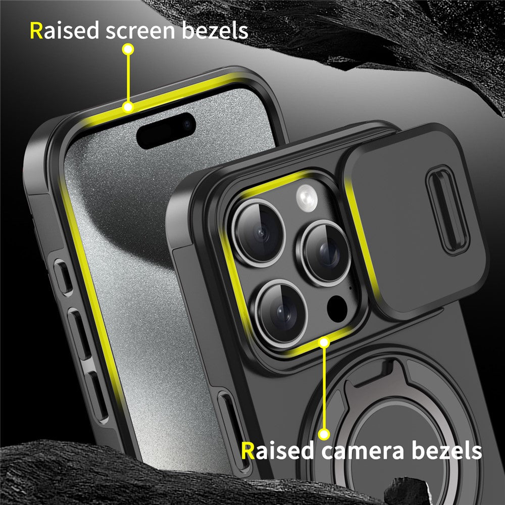 For iPhone 15 Pro Magnetic Phone Case Slide Lens Protection Ring Kickstand TPU+PC Cover