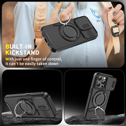 For iPhone 15 Pro Magnetic Phone Case Slide Lens Protection Ring Kickstand TPU+PC Cover