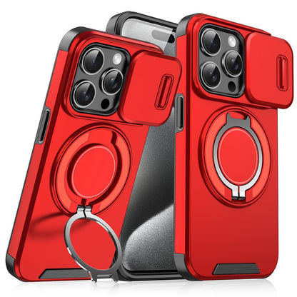 For iPhone 15 Pro Magnetic Phone Case Slide Lens Protection Ring Kickstand TPU+PC Cover