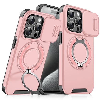 For iPhone 15 Pro Magnetic Phone Case Slide Lens Protection Ring Kickstand TPU+PC Cover