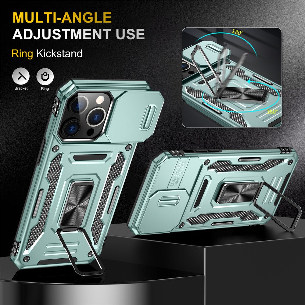 Armor Series For iPhone 16 Pro Case Slide Lens Lid PC+TPU Anti-Drop Kickstand Phone Cover