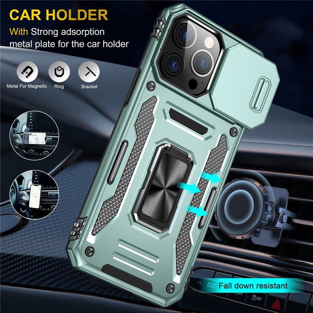 Armor Series For iPhone 16 Pro Case Slide Lens Lid PC+TPU Anti-Drop Kickstand Phone Cover