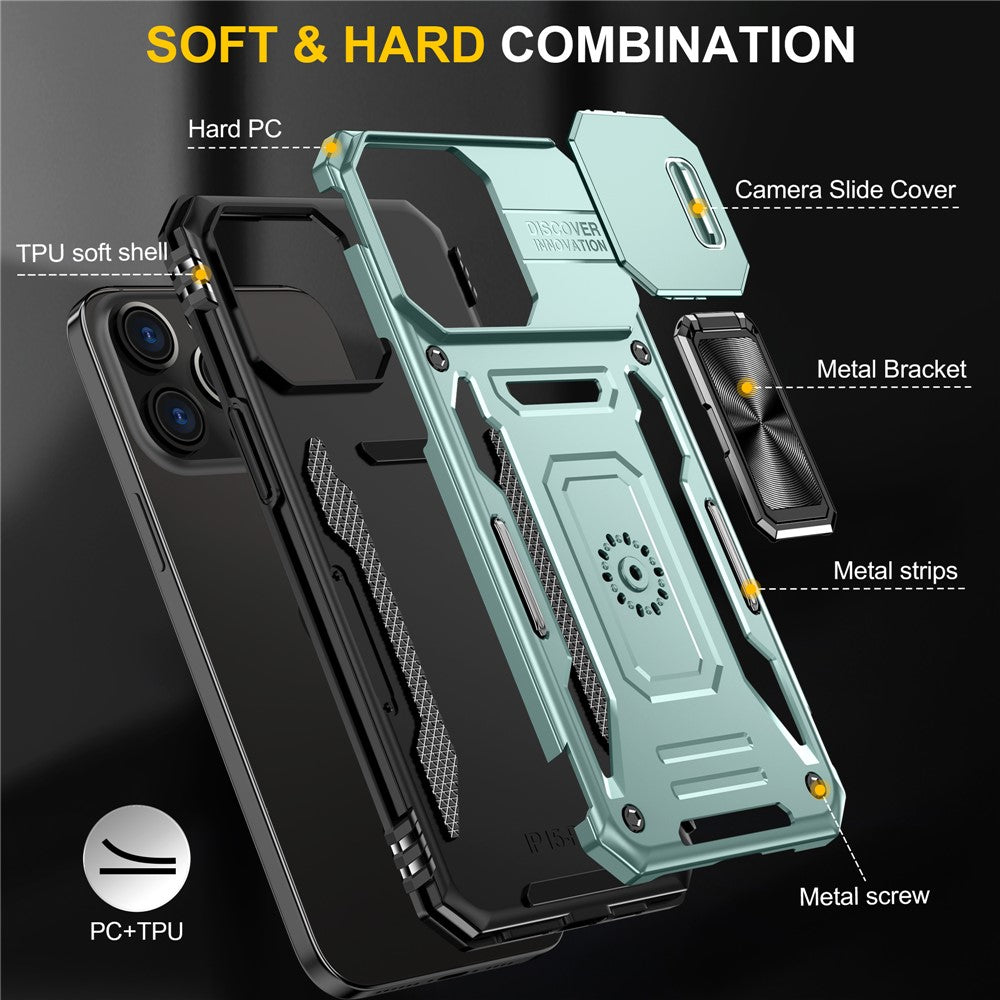 Armor Series For iPhone 16 Pro Case Slide Lens Lid PC+TPU Anti-Drop Kickstand Phone Cover