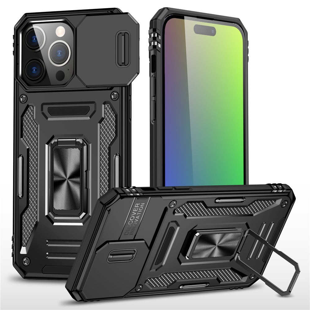 Armor Series For iPhone 16 Pro Case Slide Lens Lid PC+TPU Anti-Drop Kickstand Phone Cover