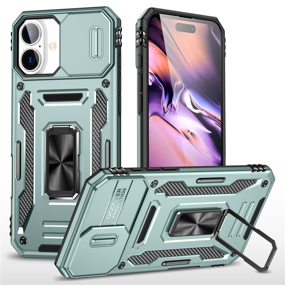 Armor Series For iPhone 16 Case Kickstand Slide Lens Lid PC+TPU Drop-Proof Phone Cover