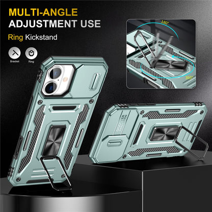 Armor Series For iPhone 16 Case Kickstand Slide Lens Lid PC+TPU Drop-Proof Phone Cover