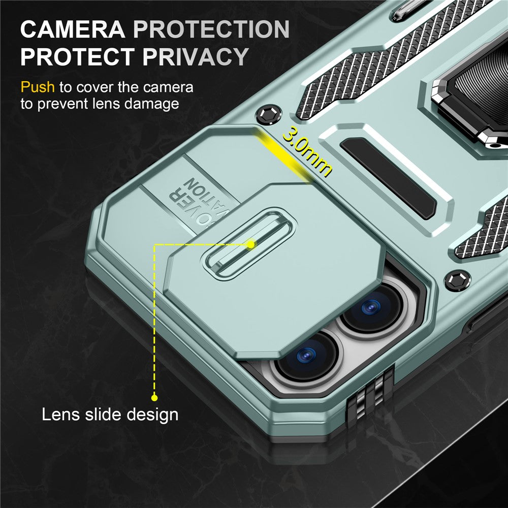 Armor Series For iPhone 16 Case Kickstand Slide Lens Lid PC+TPU Drop-Proof Phone Cover