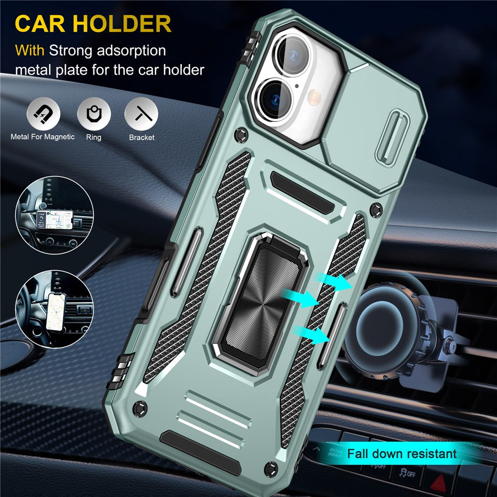 Armor Series For iPhone 16 Case Kickstand Slide Lens Lid PC+TPU Drop-Proof Phone Cover