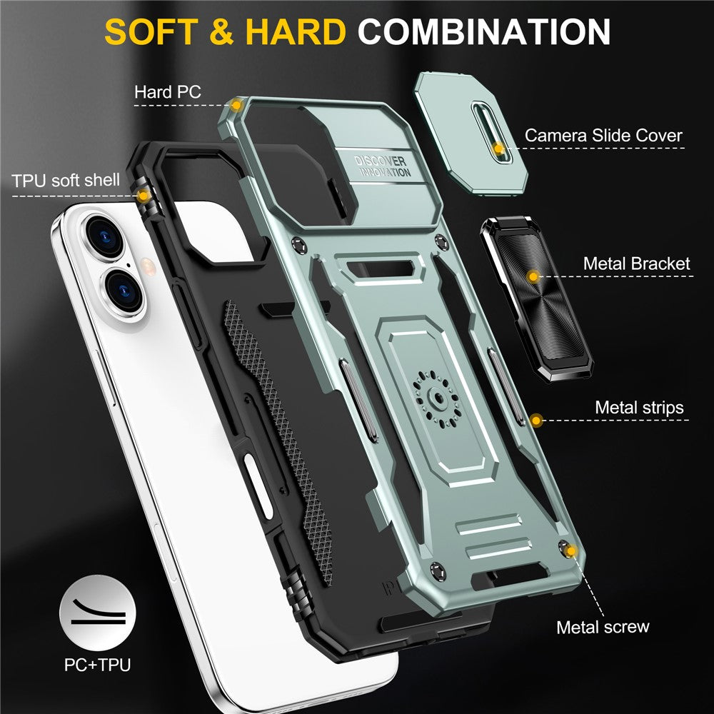 Armor Series For iPhone 16 Case Kickstand Slide Lens Lid PC+TPU Drop-Proof Phone Cover