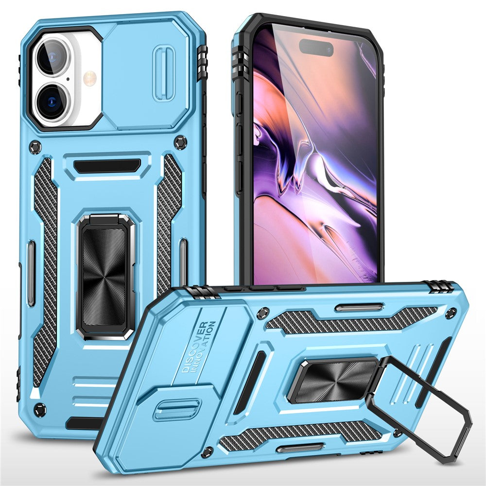 Armor Series For iPhone 16 Case Kickstand Slide Lens Lid PC+TPU Drop-Proof Phone Cover