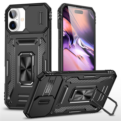 Armor Series For iPhone 16 Case Kickstand Slide Lens Lid PC+TPU Drop-Proof Phone Cover