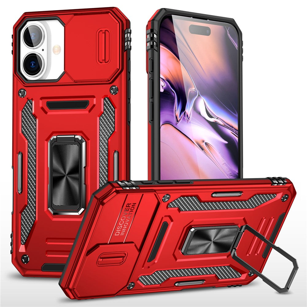 Armor Series For iPhone 16 Case Kickstand Slide Lens Lid PC+TPU Drop-Proof Phone Cover