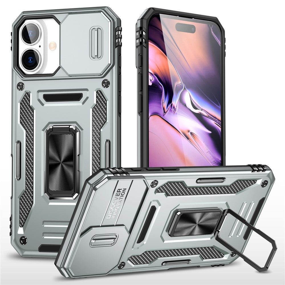 Armor Series For iPhone 16 Case Kickstand Slide Lens Lid PC+TPU Drop-Proof Phone Cover