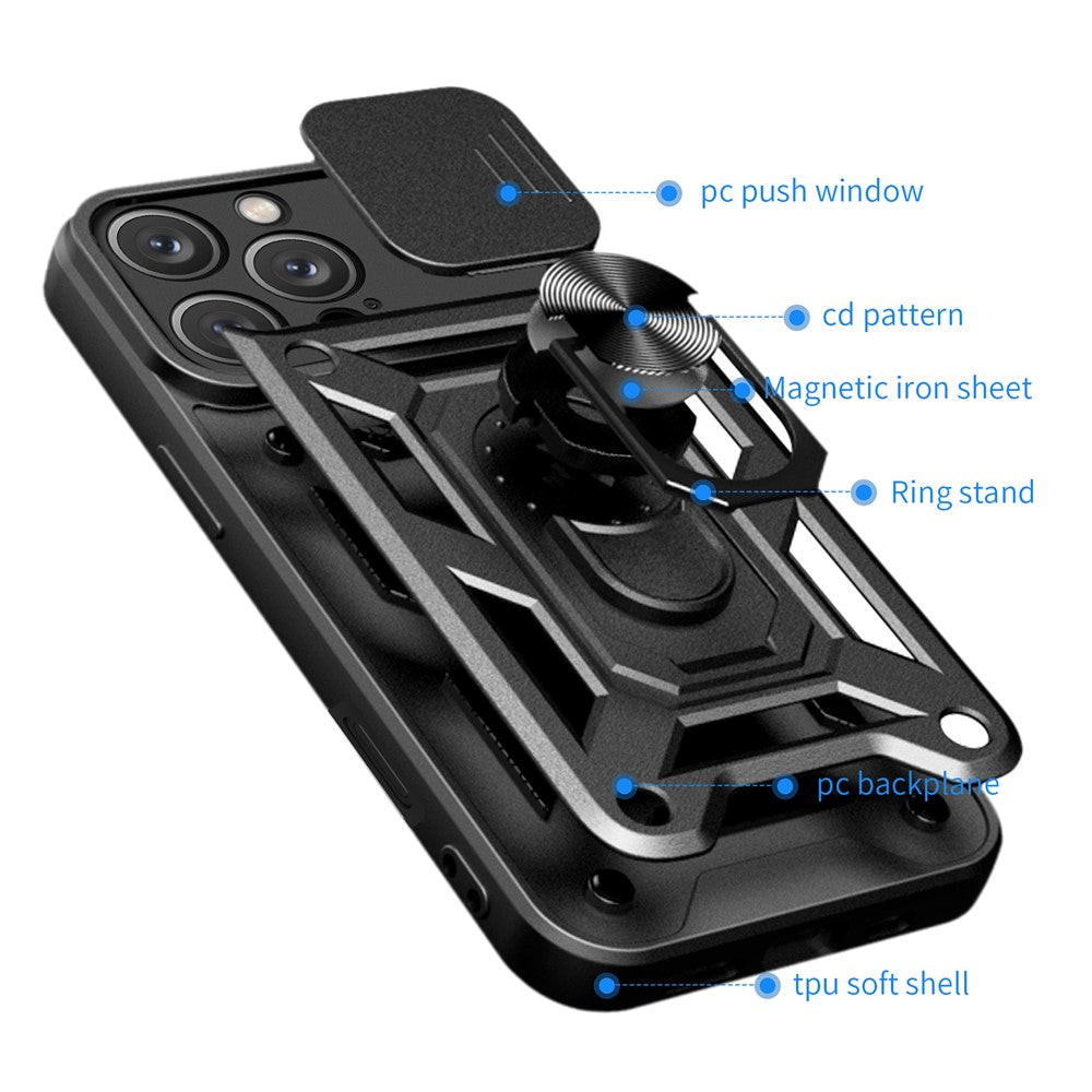For iPhone 16 Pro Max Case with Slide Camera Lid PC+TPU Kickstand Phone Cover