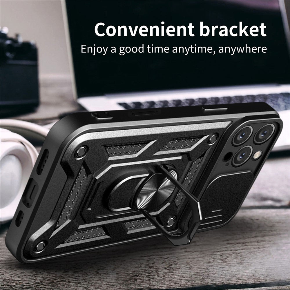 For iPhone 16 Pro Max Case with Slide Camera Lid PC+TPU Kickstand Phone Cover