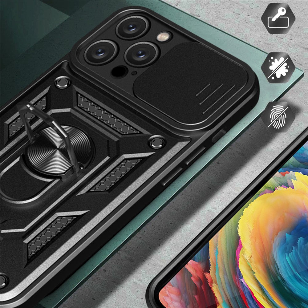For iPhone 16 Pro Max Case with Slide Camera Lid PC+TPU Kickstand Phone Cover
