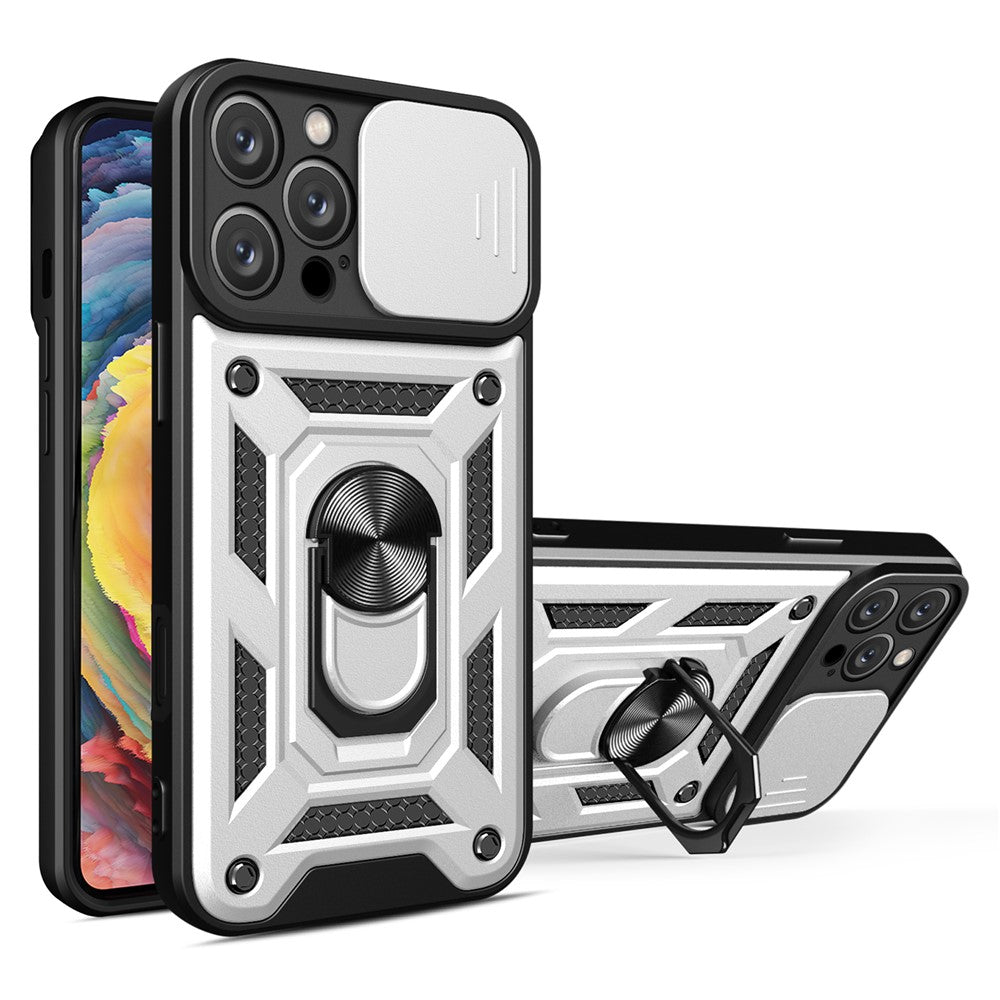 For iPhone 16 Pro Max Case with Slide Camera Lid PC+TPU Kickstand Phone Cover
