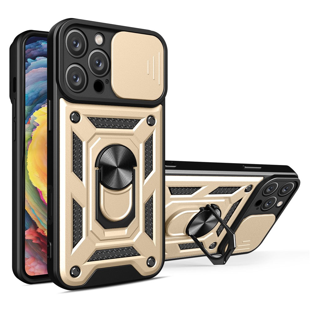 For iPhone 16 Pro Max Case with Slide Camera Lid PC+TPU Kickstand Phone Cover