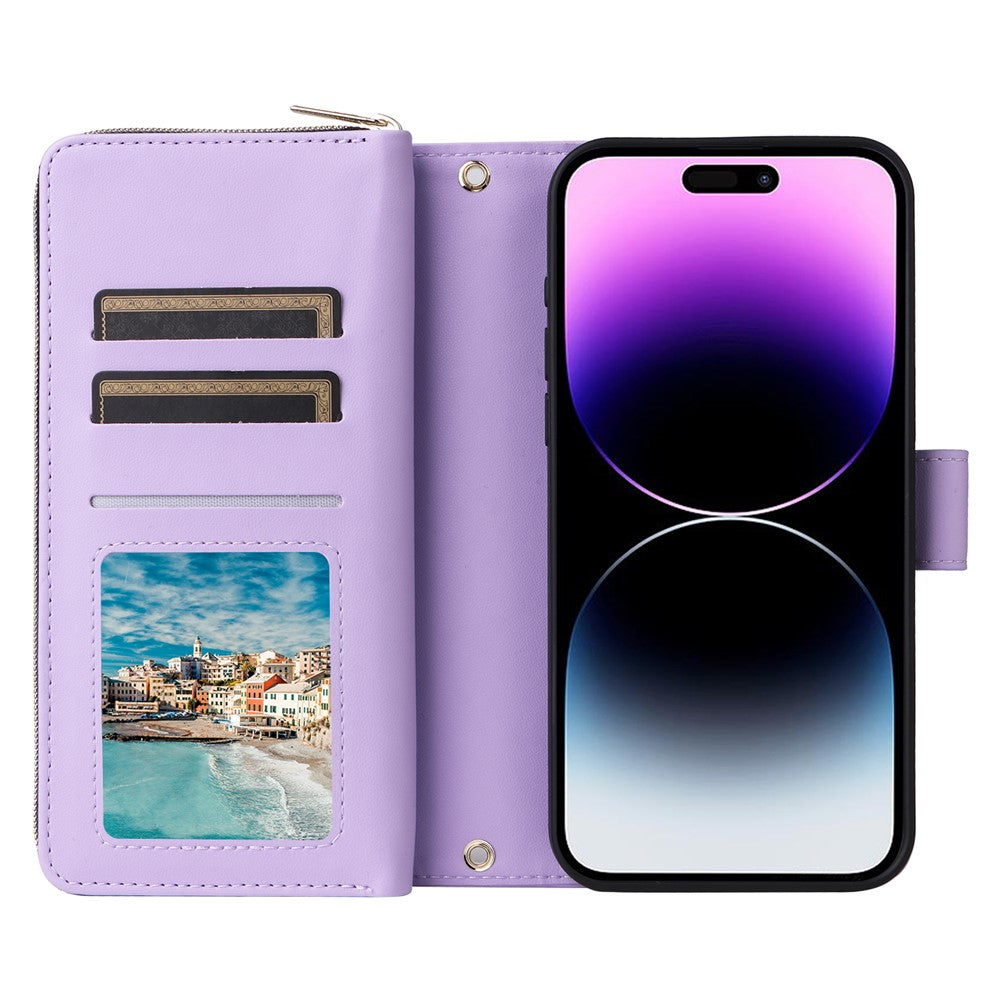 R20 For iPhone 14 Pro Case Zipper Pocket PU Leather Cover with 9 Card Slots