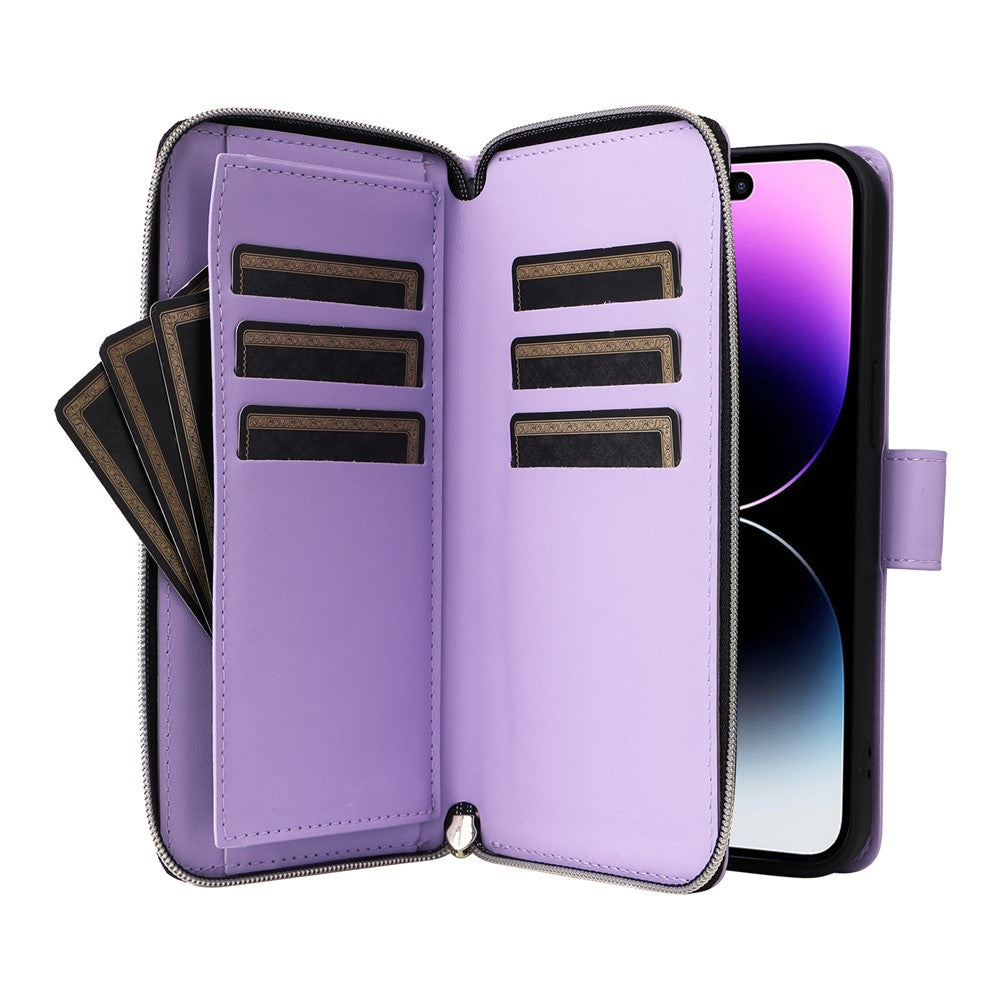 R20 For iPhone 14 Pro Case Zipper Pocket PU Leather Cover with 9 Card Slots