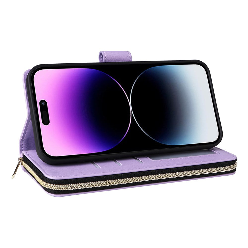 R20 For iPhone 14 Pro Case Zipper Pocket PU Leather Cover with 9 Card Slots