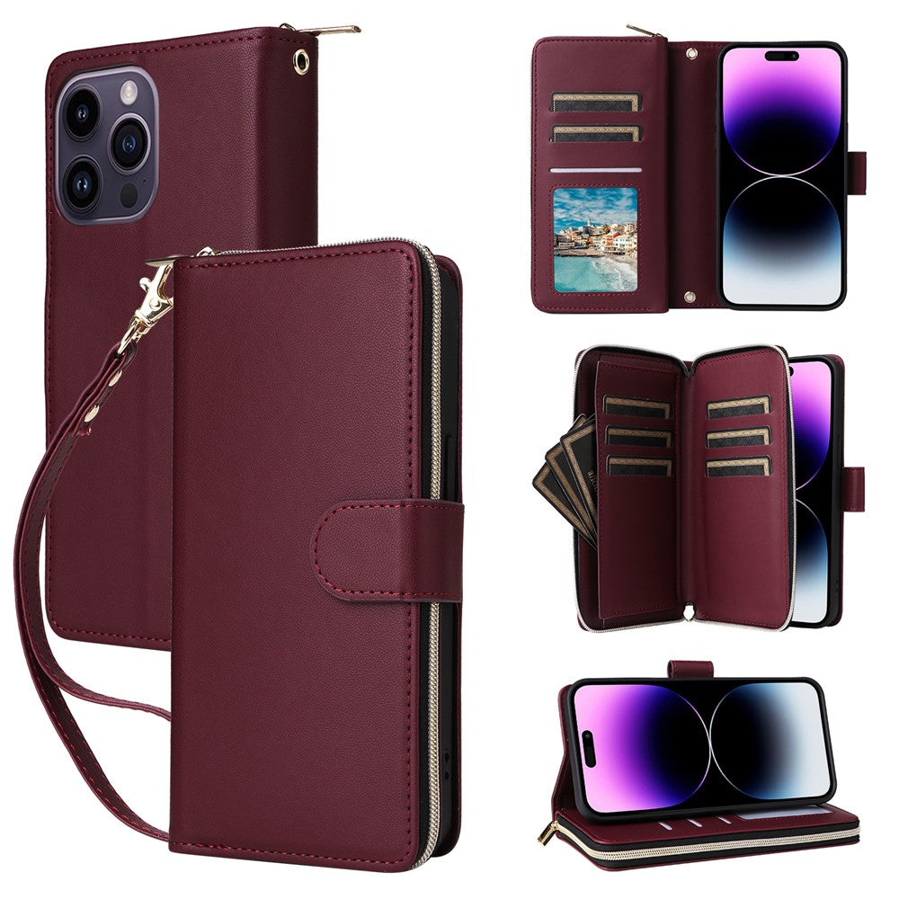 R20 For iPhone 14 Pro Case Zipper Pocket PU Leather Cover with 9 Card Slots