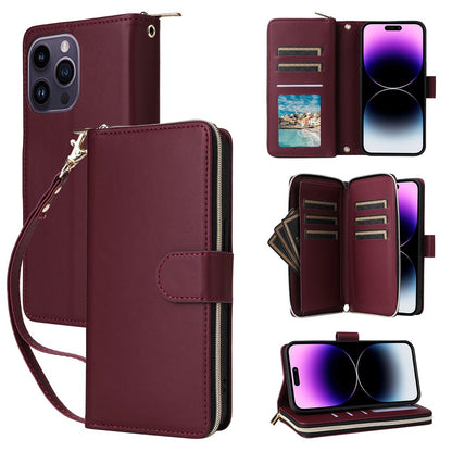 R20 For iPhone 14 Pro Case Zipper Pocket PU Leather Cover with 9 Card Slots