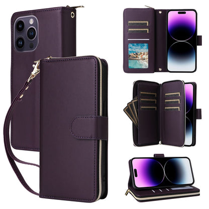 R20 For iPhone 14 Pro Case Zipper Pocket PU Leather Cover with 9 Card Slots