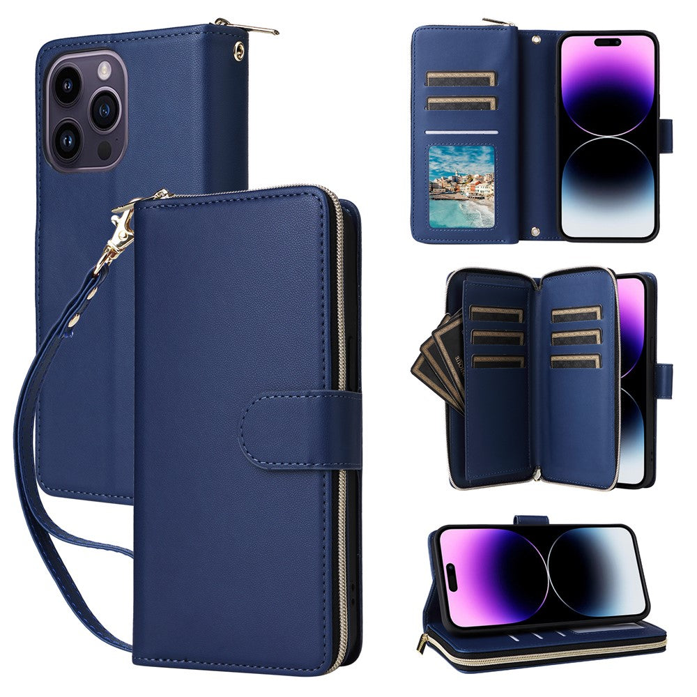 R20 For iPhone 14 Pro Case Zipper Pocket PU Leather Cover with 9 Card Slots