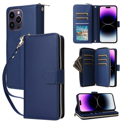R20 For iPhone 14 Pro Case Zipper Pocket PU Leather Cover with 9 Card Slots