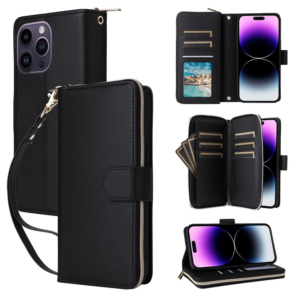 R20 For iPhone 14 Pro Case Zipper Pocket PU Leather Cover with 9 Card Slots