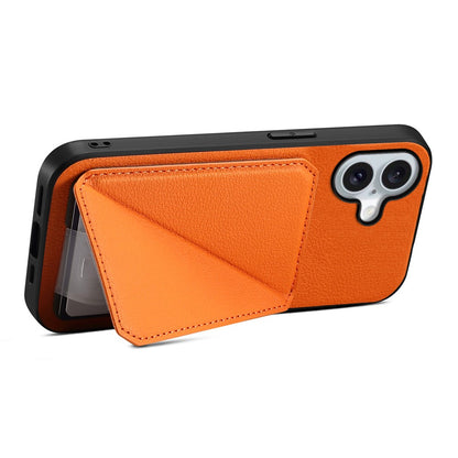 DENIOR D04 For iPhone 16 Case Dual Card Slots Leather+PC+TPU Kickstand Phone Cover