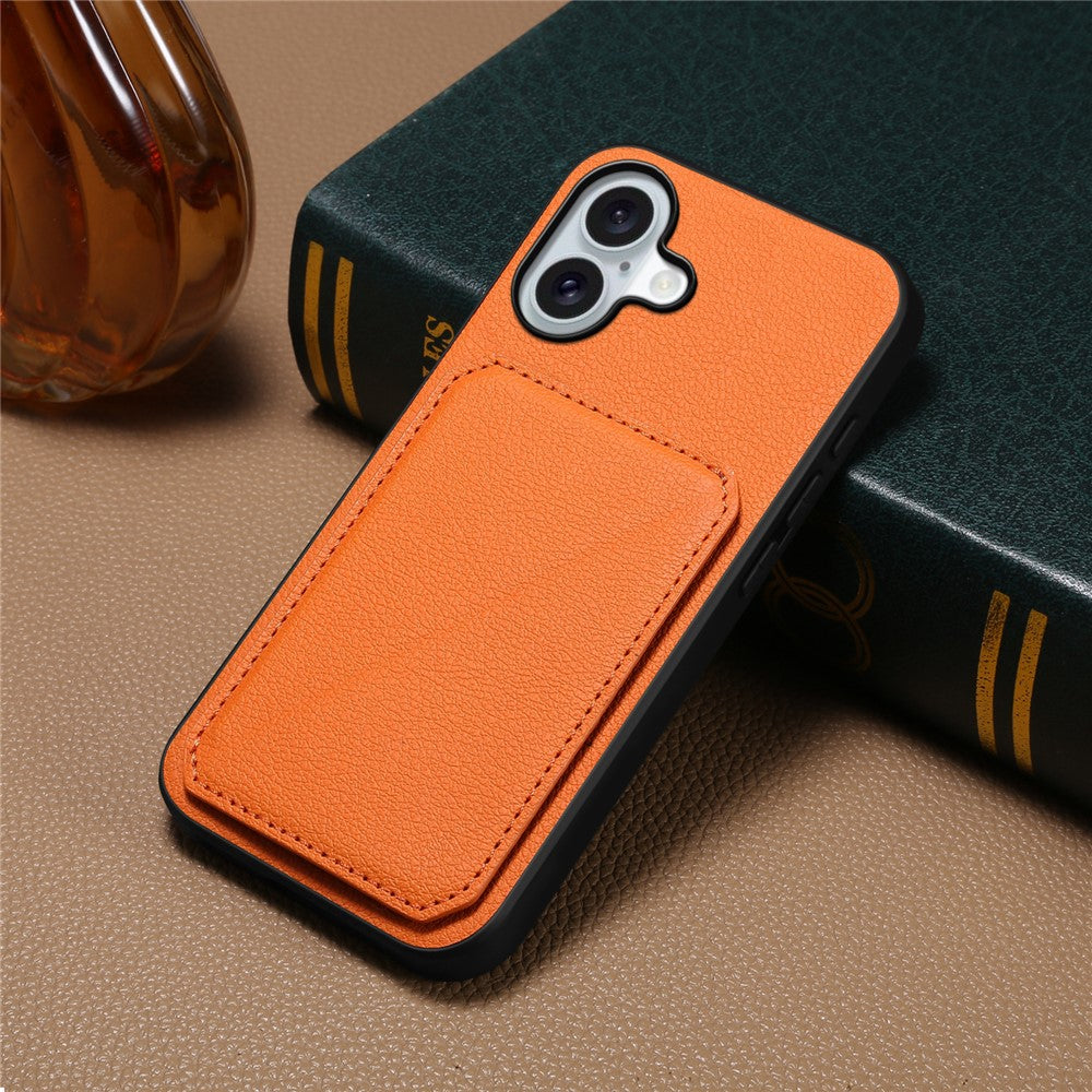 DENIOR D04 For iPhone 16 Case Dual Card Slots Leather+PC+TPU Kickstand Phone Cover
