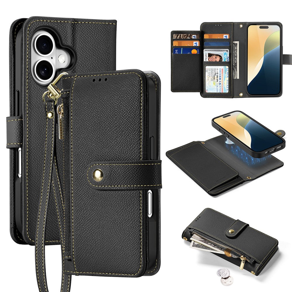 DUX DUCIS Lawa Series for iPhone 16 Magnetic Case Detachable Zipper Wallet Cowhide Leather Cover