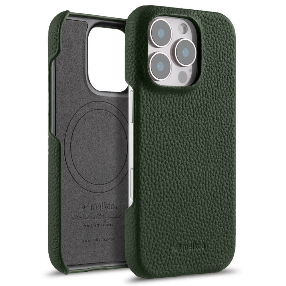 MELKCO For iPhone 16 Pro Max Case Genuine Cow Leather PC Phone Cover Compatible with MagSafe