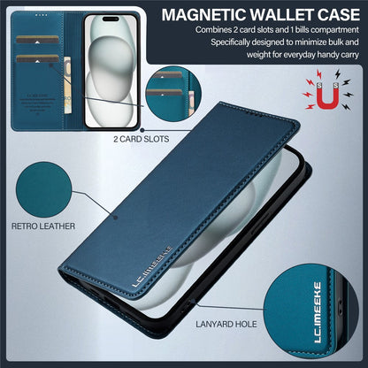 LC.IMEEKE L1 Series for iPhone 15 Case PU Leather Wallet Stand Protective Phone Cover