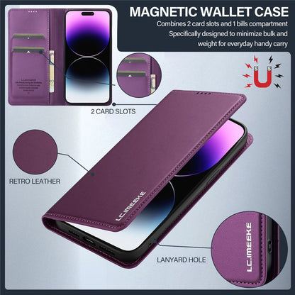LC.IMEEKE L1 Series for iPhone 14 Pro Case PU Leather Wallet Stand Protective Phone Cover