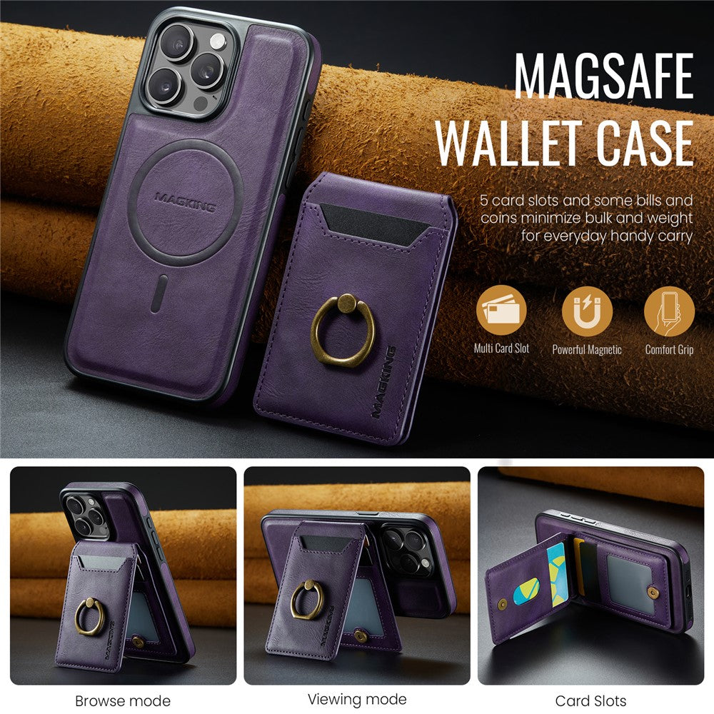 MAGKING K1 Series For iPhone 14 Pro Magnetic Case PC+TPU+PU Phone Cover with Card Holder Kickstand