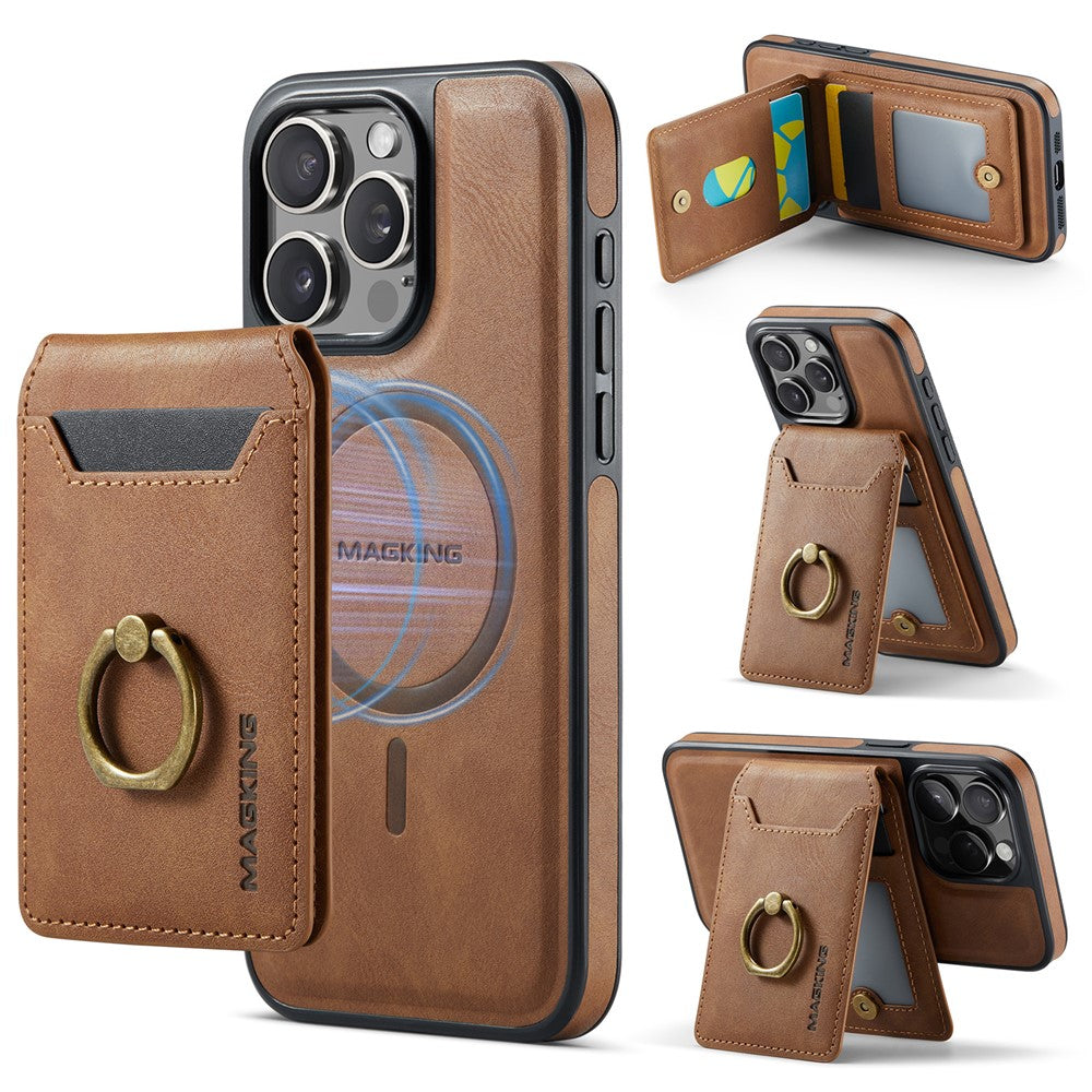 MAGKING K1 Series For iPhone 14 Pro Magnetic Case PC+TPU+PU Phone Cover with Card Holder Kickstand