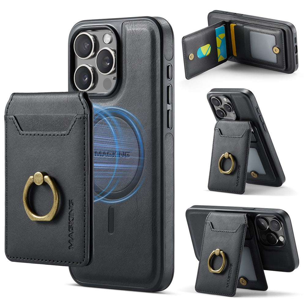 MAGKING K1 Series For iPhone 14 Pro Magnetic Case PC+TPU+PU Phone Cover with Card Holder Kickstand