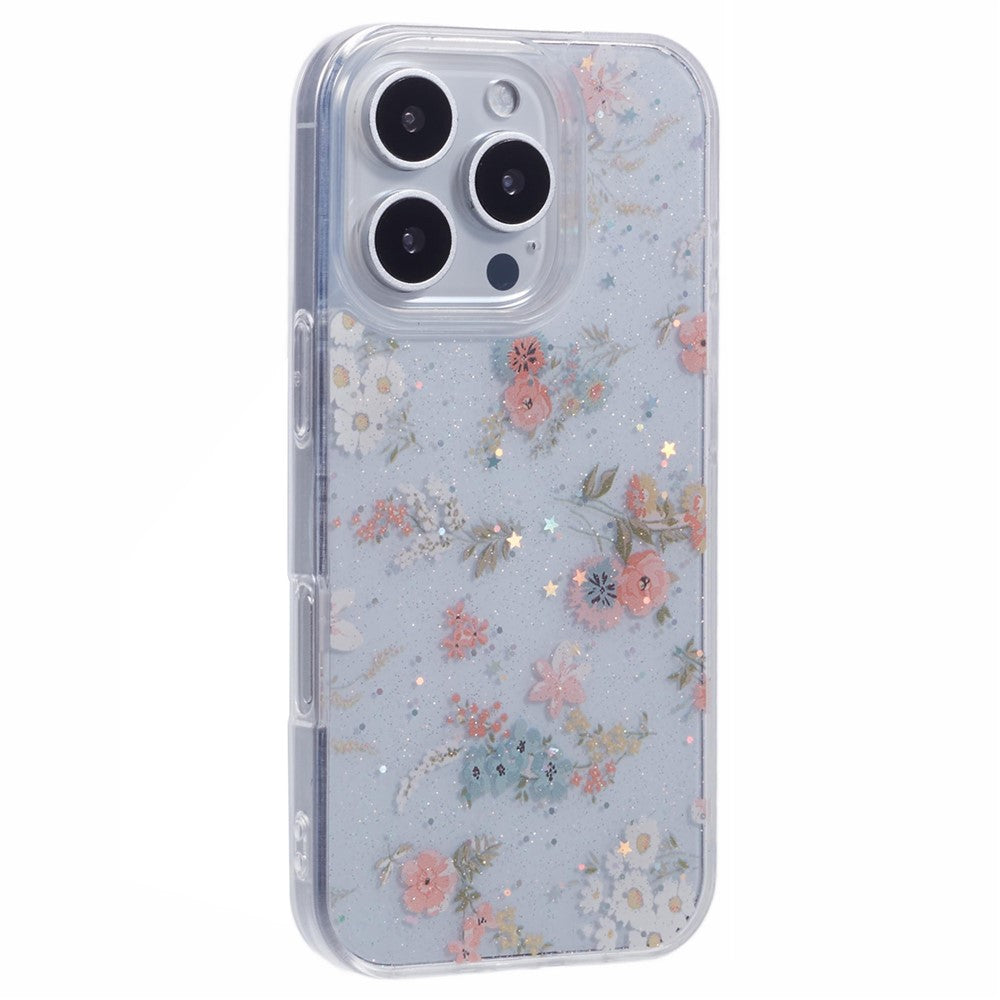 For iPhone 16 Pro Case Glitter Flower Epoxy Shockproof Phone Cover