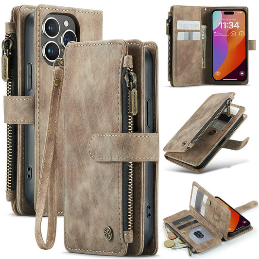 For iPhone 16 Pro Phone Cases with Strap CASEME C30 Zipper Multiple Card Holder PU Leather Cover