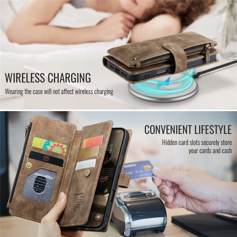 For iPhone 16 Pro Phone Cases with Strap CASEME C30 Zipper Multiple Card Holder PU Leather Cover