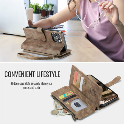 For iPhone 16 Pro Phone Cases with Strap CASEME C30 Zipper Multiple Card Holder PU Leather Cover