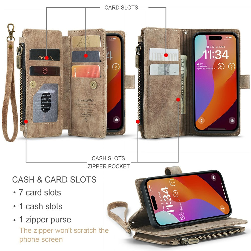 For iPhone 16 Pro Phone Cases with Strap CASEME C30 Zipper Multiple Card Holder PU Leather Cover