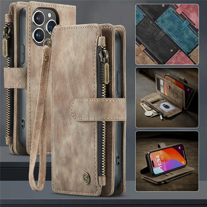 For iPhone 16 Pro Phone Cases with Strap CASEME C30 Zipper Multiple Card Holder PU Leather Cover