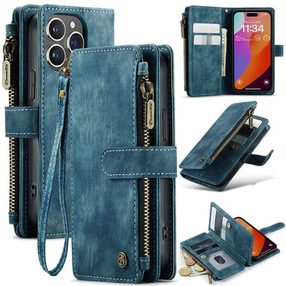 For iPhone 16 Pro Phone Cases with Strap CASEME C30 Zipper Multiple Card Holder PU Leather Cover