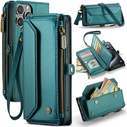 For iPhone 16 Pro Max Leather Case CASEME C36 Zipper Multiple Card Slots Phone Cover with Straps