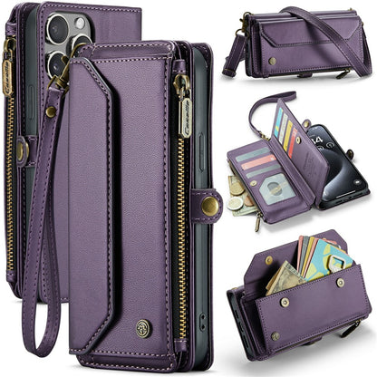 For iPhone 16 Pro Leather Case CASEME C36 Zipper Multiple Card Slots Phone Cover with Straps