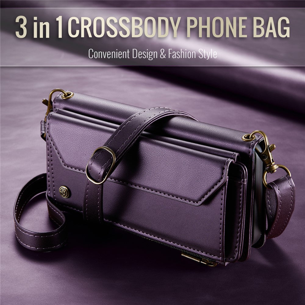 For iPhone 16 Pro Leather Case CASEME C36 Zipper Multiple Card Slots Phone Cover with Straps